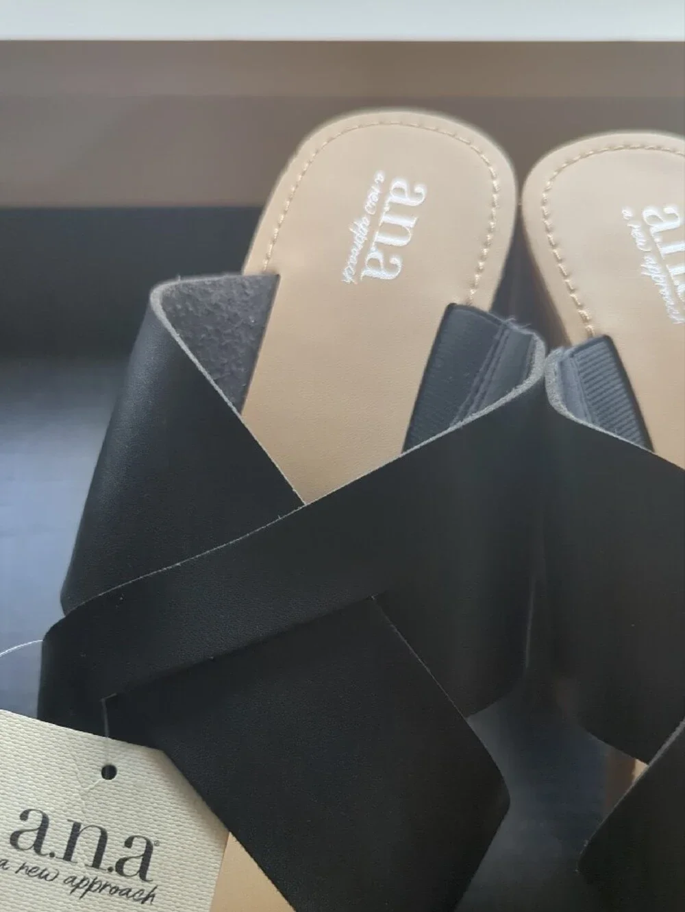 a.n.a Black Crisscross Platform Slide Sandals with Tan Footbed